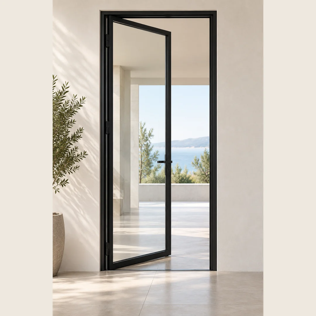 Product-centred view of a slim black aluminium framed glass door