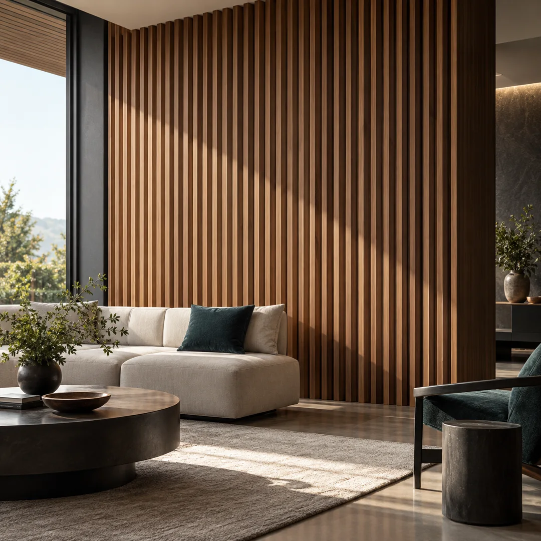 Vertical wooden louvers in a modern interior