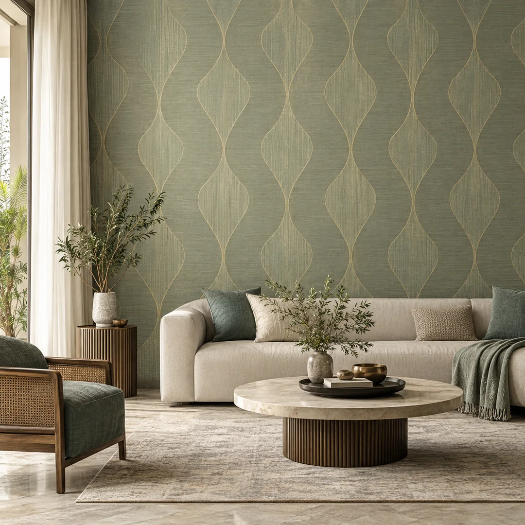 Textured wallpaper feature wall in a contemporary living room