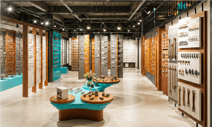 Architectural hardware displays inside the Shankar Hardware & Paints flagship showroom